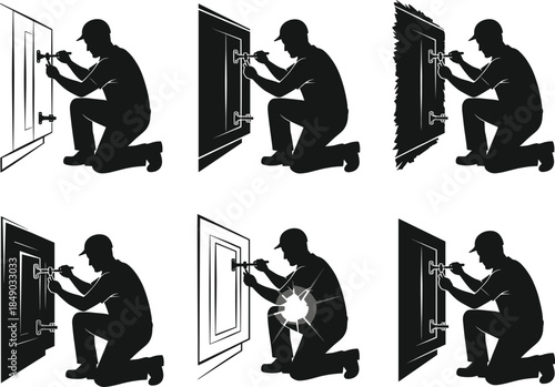 Silhouette set of locksmith worker repairing door lock with screwdriver, security maintenance concept, handyman fixing service illustration, black and white professional vector design