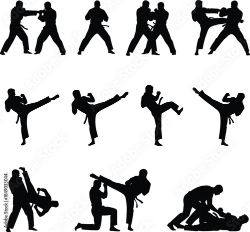 Silhouette vector illustration of martial arts fighters practicing kicks, strikes, grappling, self-defense techniques, sparring poses, training movements, and 