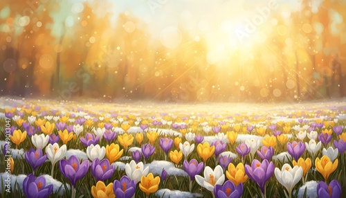 A serene field of vibrant purple, yellow, and white crocuses blooms under a warm sunrise in a natural landscape.