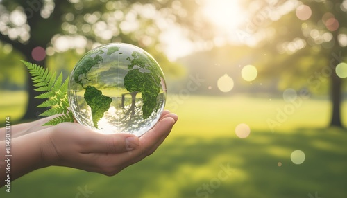A person holds a crystal globe with a miniature tree inside in their hand in a park on a sunny day.