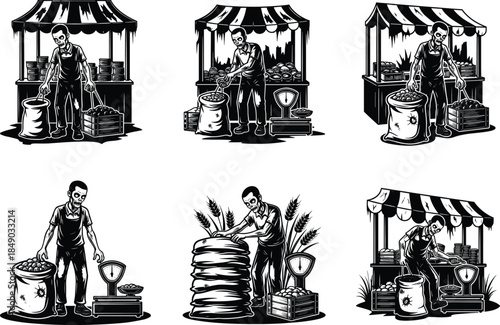 Silhouette vendor scooping produce, rural market stall, black and white vector illustration, weighing scale, sack handling, traditional commerce, stock content design