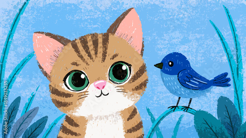 Cute cartoon kitten looking at a small blue bird in grass