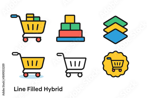 Shopping cart line filled icon set. Retail, e-commerce, market, store graphics collection.