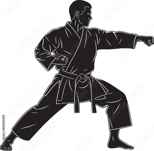 Martial Arts Karate Master Performing Powerful Front Punch Strike in Traditional Kimono Silhouette for Combat Sports Training and Dojo Promotion Design