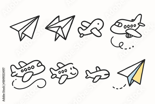 Aviation and aircraft outline icon set. Aeronautics, plane symbols collection.