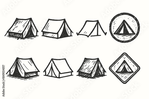 Camping, outdoor adventure icon set. Hand-drawn tent illustrations in sketch style