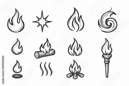 Fire and flame icon set in hand-drawn style featuring torches and campfires