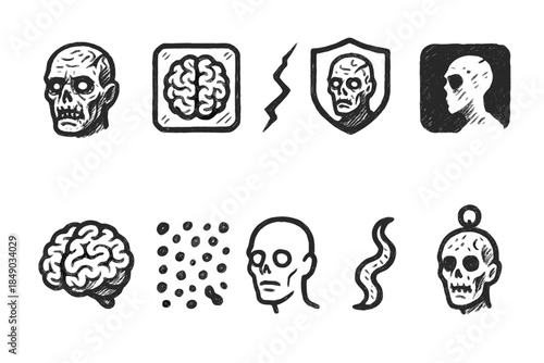 Horror silhouette icon set. Skulls, brains and spooky symbols in silhouette style