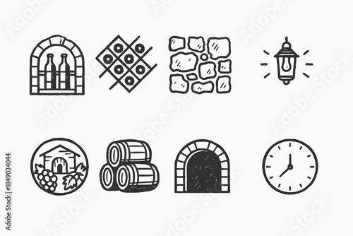 Wine and winery outline icon set: vineyard, barrels, and grapes icons collection