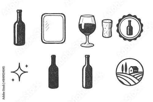 Wine theme solid icon set. Bottle, tumbler, cork, vineyard icons solid collection
