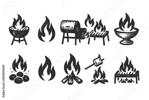 Barbecue flame silhouette icon set. Fire, grill, camping, and cooking symbols
