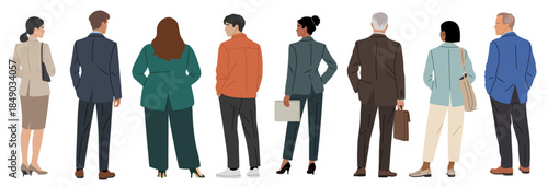 Set of diverse business people in professional attire, standing full length rear view with back turned, Vector illustration isolated on transparent background. 