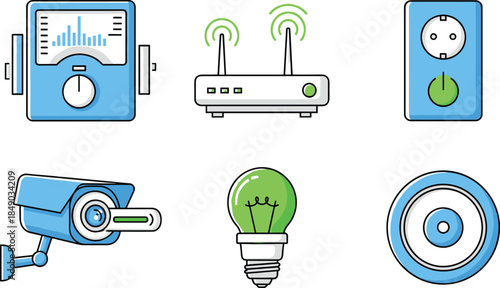 Smart home technology illustration set with router, security camera, power socket, energy meter, speaker, eco light flat vector