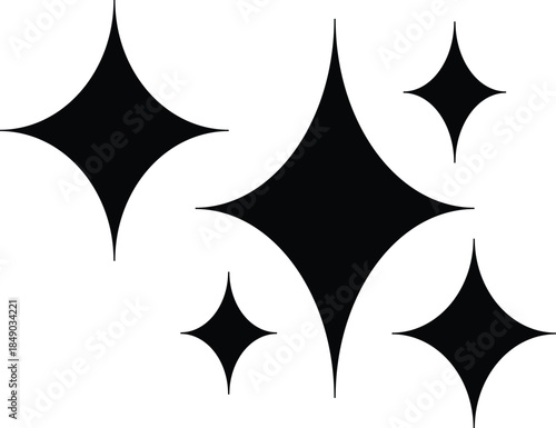 Set of black shine, four pointed star, sparkling and twinkling vector illustration