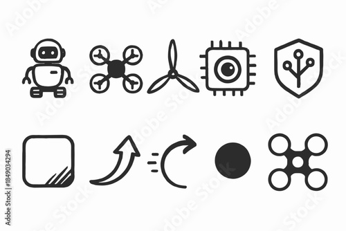 Technology and robotics line icon set: ai, drone, circuit, security symbols collection
