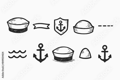 Nautical, marine captain hats and anchors icon set. Hand-drawn style illustrations