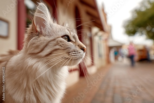 Fototapeta Naklejka Na Ścianę i Meble -  Portrait of a smiling australian mist cat isolated in charming small town main street.