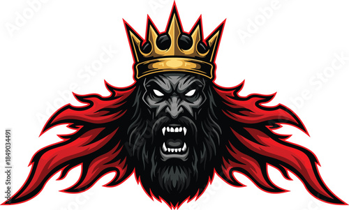 Aggressive mascot illustration of an angry bearded king wearing a gold crown with glowing white eyes and flowing red hair isolated on white