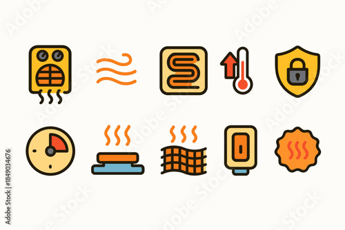 Heating and safety outline icon set. Temperature control and security icons collection