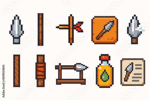 Pixel art archeology icon set. Explore ancient tools and artifacts in 8-bit style.
