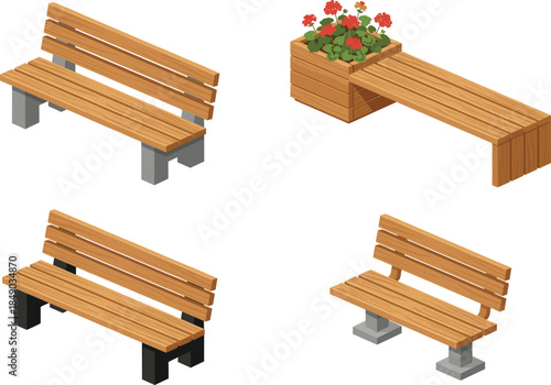 Wooden park benches and planter seating illustration set, outdoor garden furniture designs, modern public space flat vector collection