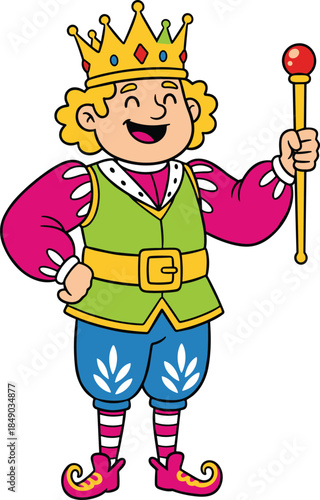 Cheerful cartoon illustration of a smiling blond king character wearing a golden jeweled crown and holding a royal scepter with a red orb