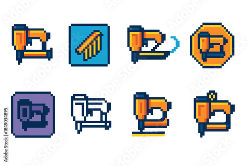 Sewing machine pixel art icon set. Retro, vintage craft tool icons in pixelated style