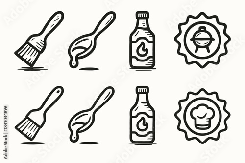 Barbecue and grilling linear icon set. Bbq, cooking essentials line art collection
