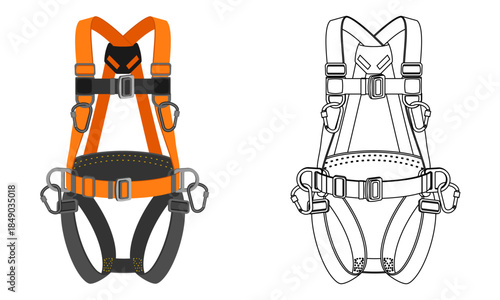 full body harness with carabiner, vector illustration isolated on white background.