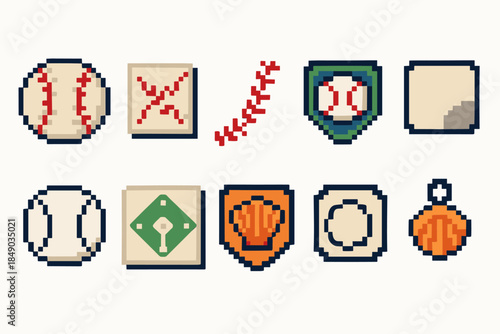 Baseball pixel icon set. Sports, pixelated, game icons in a flat collection