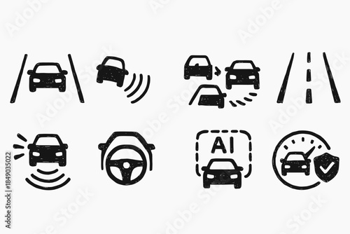 Autonomous driving icon set. Self-driving, ai safety, linear car icons collection