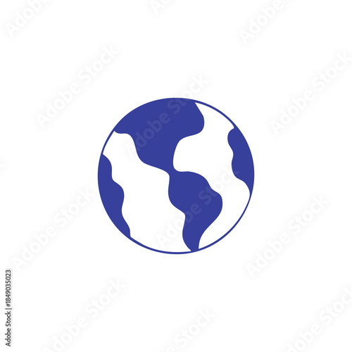 A simplified globe graphic, with blue landmasses on a white background