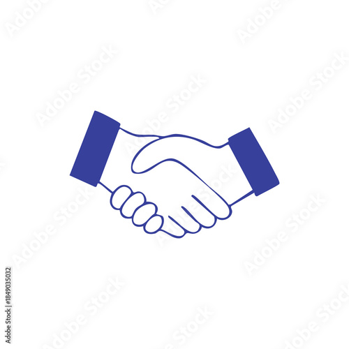 Blue outlined graphic illustration of two hands shaking, white background