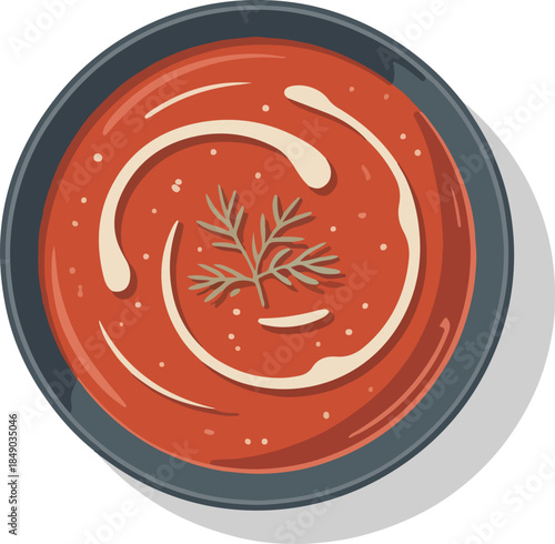 Tomato soup bowl cartoon vector illustration with cream swirl and fresh dill garnish top view