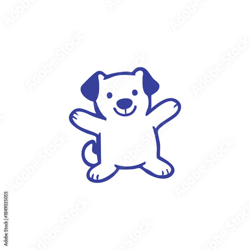 A simplified, blue cartoon dog with outstretched arms, smiling, on a white background