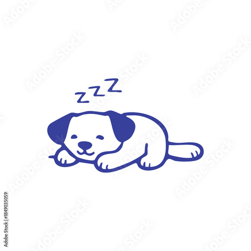 A sleeping, cartoon dog in a simplified blue outline on a white background