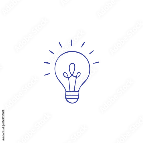 Simple blue lightbulb doodle with rays on white, representing idea generation