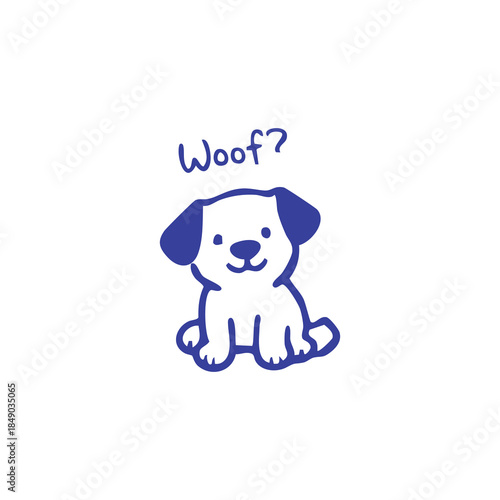 A blue cartoon puppy sits on a white background with the word "Woof?" above