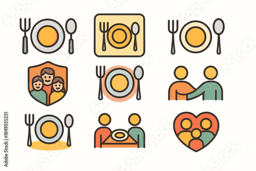 Family dining outline icon set. Mealtime, dining, family meal icons in outline style
