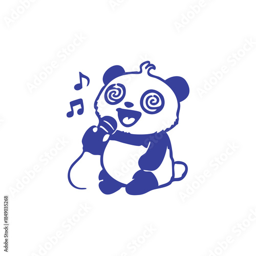 A stylized blue panda sings into a microphone, with musical notes