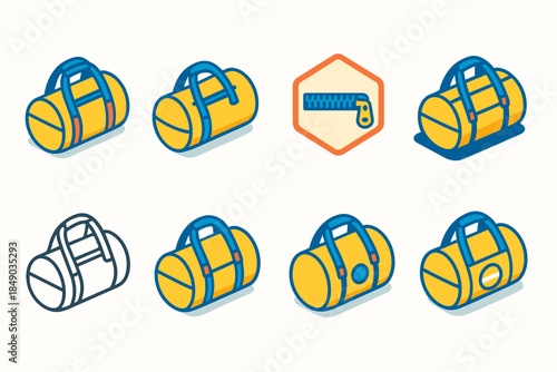 Duffel bag icon set: versatile, colorful bags flat style for travel and fashion themes