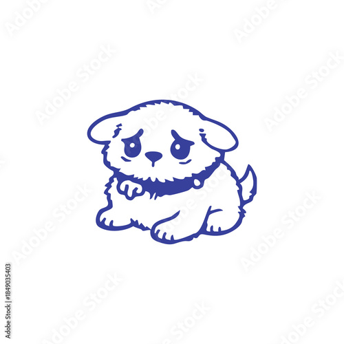 A blue-outlined cartoon dog with a sad expression sits on a white background