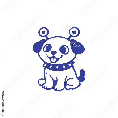 A smiling, cartoonish dog with antenna-like structures, and a studded collar
