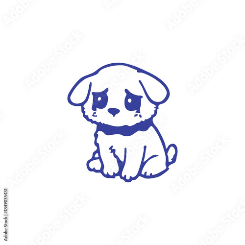 A sad puppy illustration in blue, sitting and shedding tears