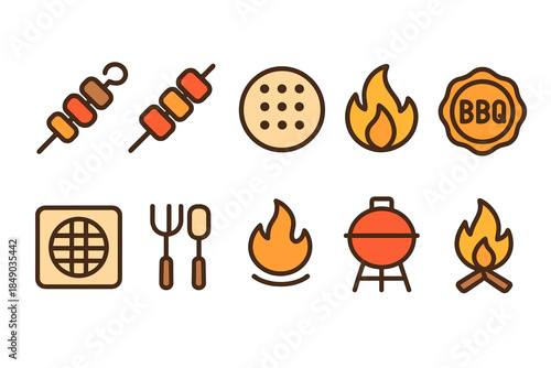 Barbecue and grill flat icon set. Bbq essentials, cooking tools icons for summer