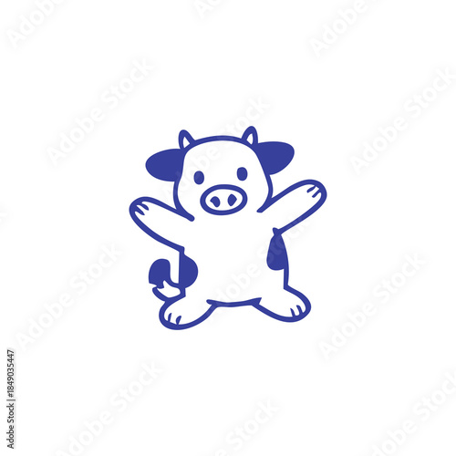 Simple blue cartoon cow with open arms on a white background