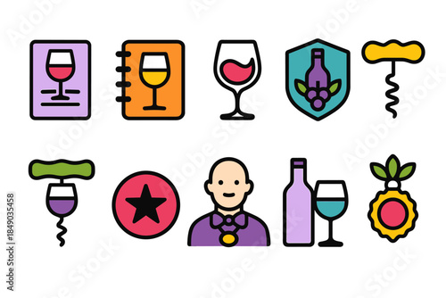 Wine and winery flat icon set. Vineyard, sommelier, corkscrew vector icons collection.