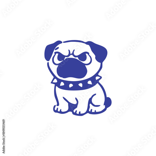 A blue pug with a spiked collar sits, conveying an angry expression