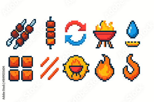 Pixel art barbecue icon set. Grill, food, summer, flame, cooking, refresh icons.