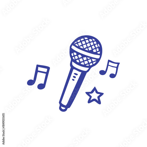 Illustration of a microphone, musical notes, and star against a white background